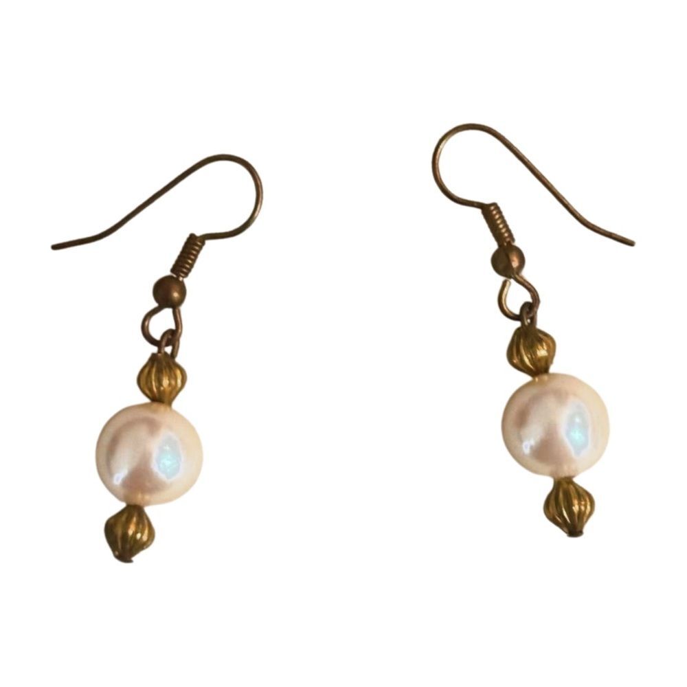 Vintage Handmade Pearl Gold Tone Bead Drop Earrings 0.5" Retro Dainty Jewelry